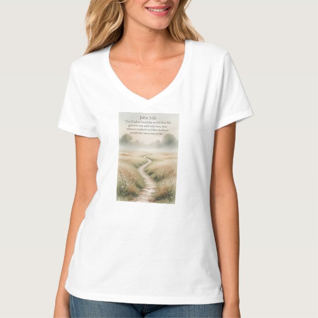 Camiseta Feminina Decote V Versículo Bíblico João  (Frente)