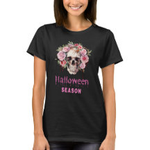 Camiseta feminina do Halloween com rosas de crânio