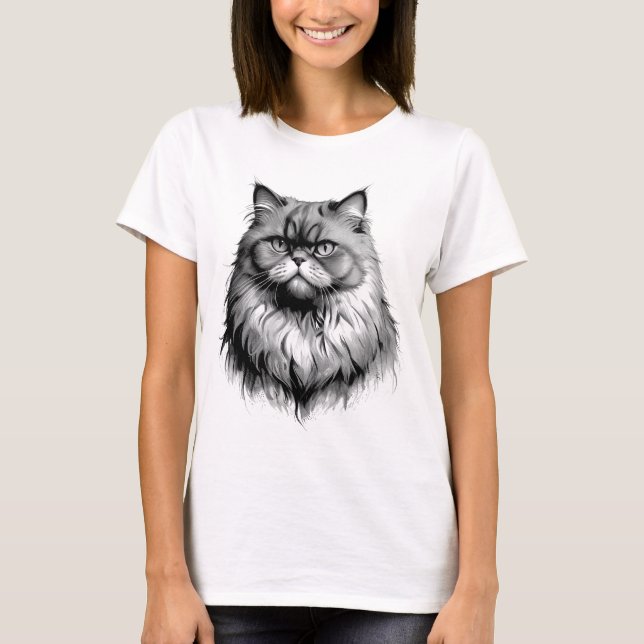 Camiseta Feminina Esboço de Gato Persa Fofinho (Frente)