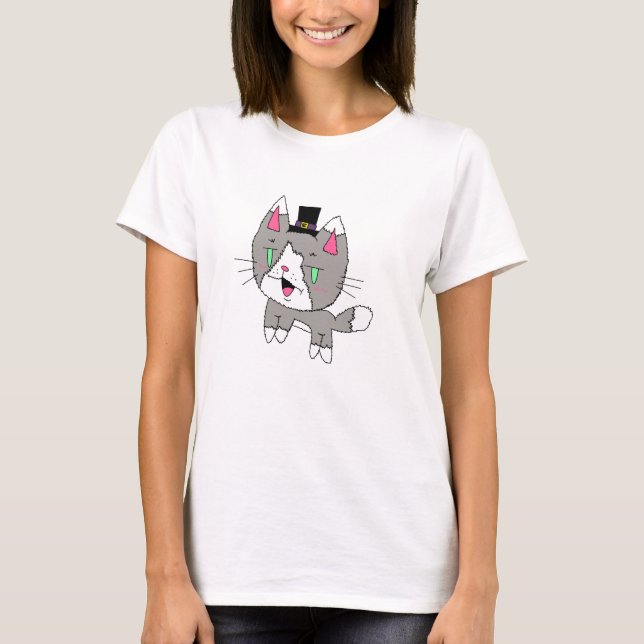 Camiseta Feminina Gato Simples com Chapéu (Frente)