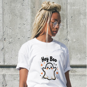 Camiseta Feminina Hey Boo Engraçada de Halloween F