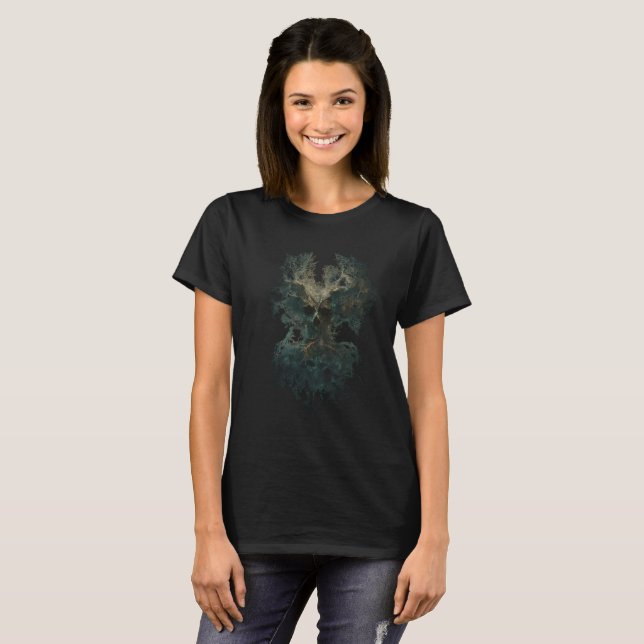 Camiseta Feminina Longa Surrealista Árvore de Crân (Frente Completa)