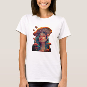 Camiseta Feminina Psiquedélica Menina Cogumelo Lua