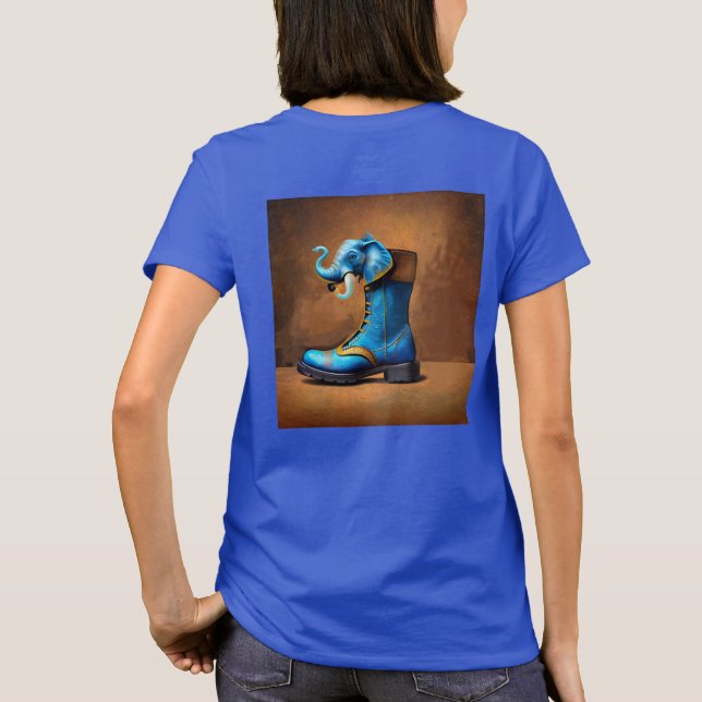 Camiseta feminina Steampunk Elephant Boot azul cos (Verso)
