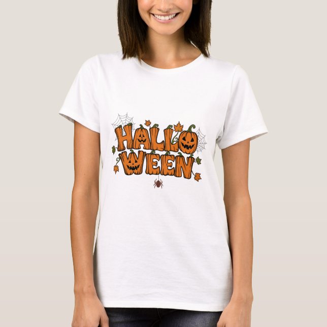 Camiseta Feminina Tipografia de Abóbora de Hallowe (Frente)