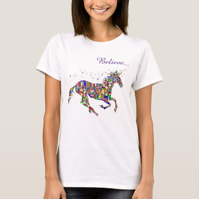 Camiseta Feminina Unicorn Magic Believe Pixel (Frente)