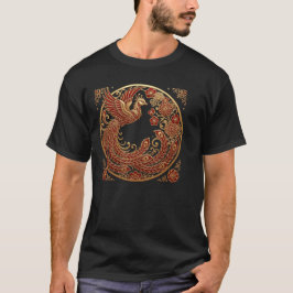 Camiseta Fênix Vermelho Dourado Desenho Tradicional Asiátic