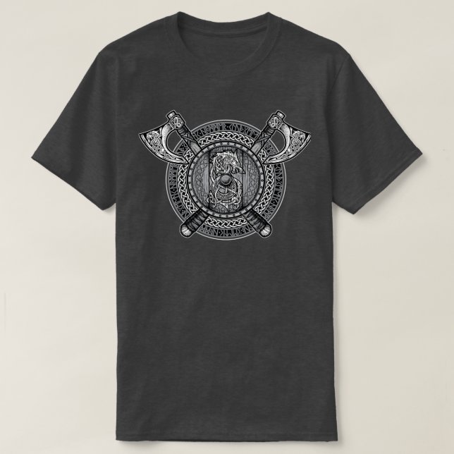 Camiseta Fenrir Viking Shield Greyscale (Frente do Design)