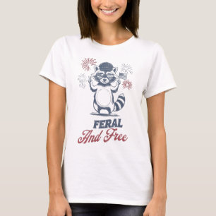 Camiseta Feral & Free Funny Raccoon Patriótico 4 De Julho