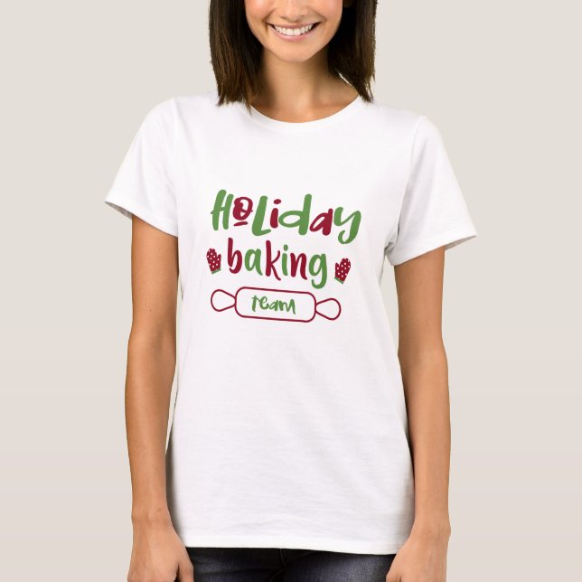 Camiseta Feriado Baking Team Natal Oven Mitts Vermelho Verd (Frente)