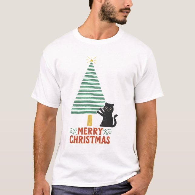 Camiseta Feriado de Árvore de Natal Feliz Gato Preto (Frente)
