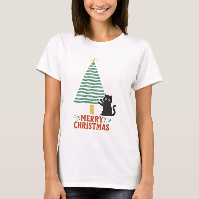 Camiseta Feriado de Árvore de Natal Feliz Gato Preto (Frente)
