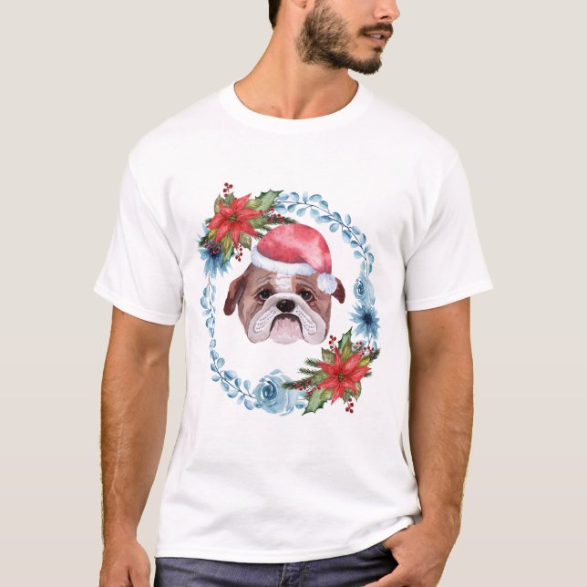 Camiseta Feriado de Bulldog do Boné papai noel (Frente)