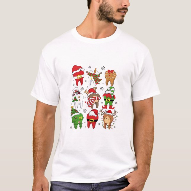 Camiseta Feriado de Férias com Caracteres Dentais de Natal  (Frente)