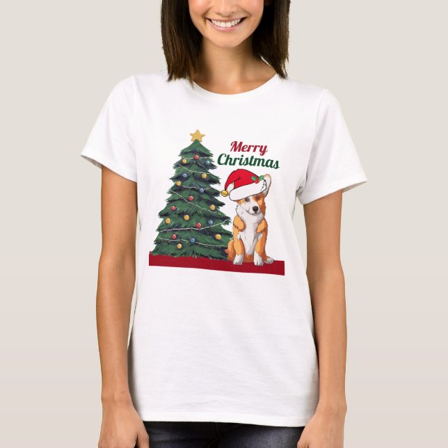 Camiseta Feriado de Festa de Árvore de Natal Corgi (Frente)