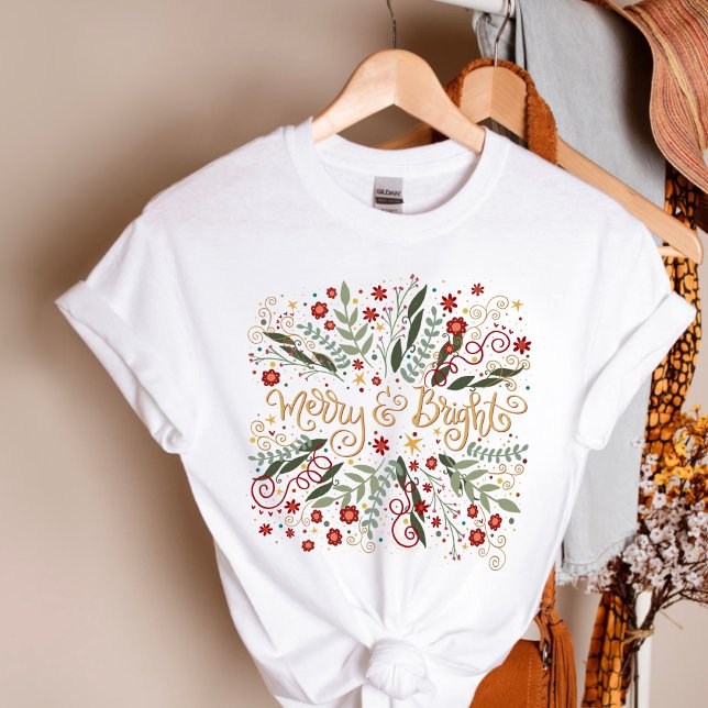 Camiseta Feriado de Natal Floral e Feliz Elegante (Pretty Merry and Bright Inspirivity Christmas Tshirt)