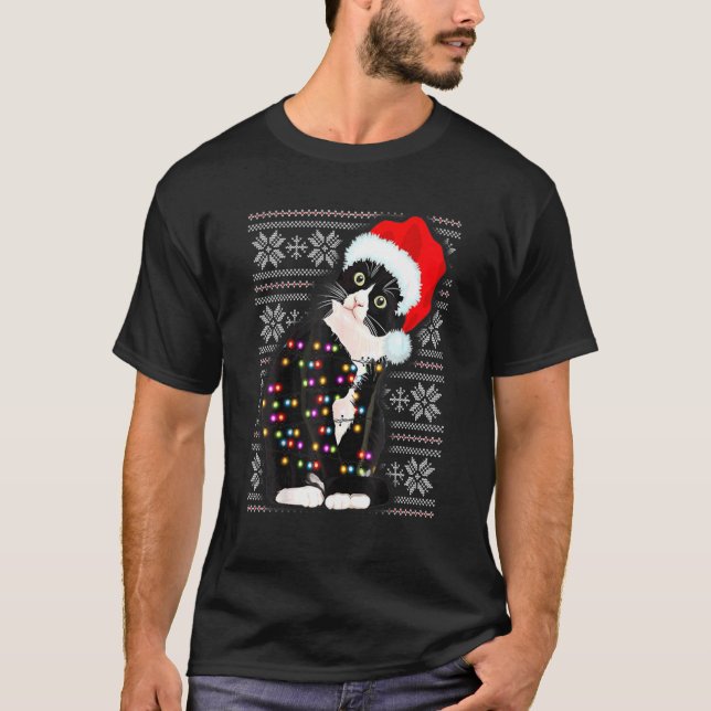 Camiseta Feriado de Natal Gato Santa Hat Feriado X (Frente)