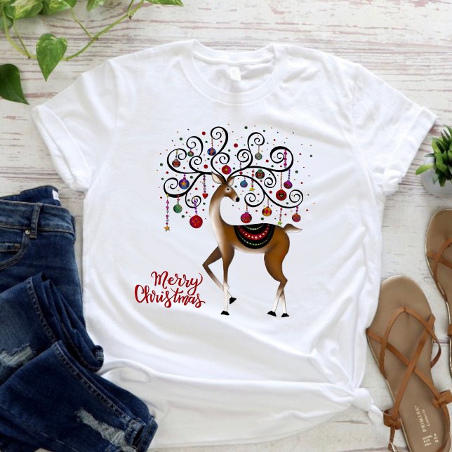 Camiseta Feriado de Natal para Rendas Elegantes (Elegant Christmas reindeer, inspirivity T-shirt)