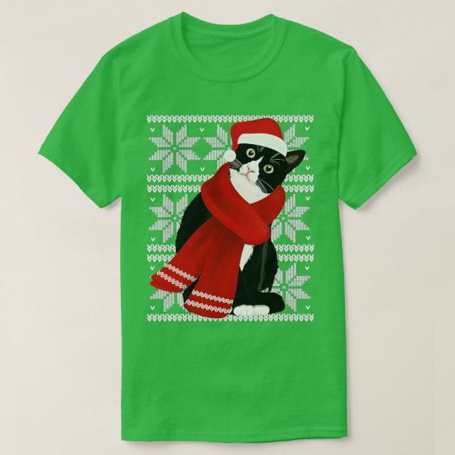 Camiseta Feriado de Natal preto Cat Santa Hat Feriado C (Frente do Design)