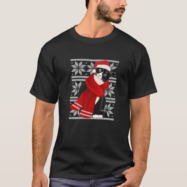 Camiseta Feriado de Natal preto Cat Santa Hat Feriado C (Frente)