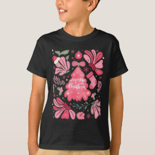 Camiseta Feriado De Natal Rosa E Feliz De Árvore Brilhante