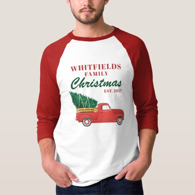 Camiseta Feriado Natal Família de Caminhões Vermelhos (Frente)