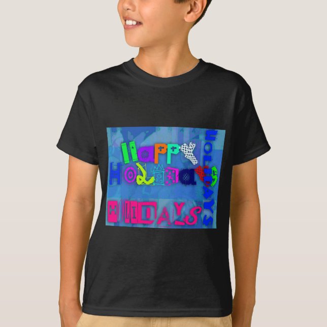 Camiseta Feriados felizes Coloridos pop Tee, Crianças Negra (Frente)