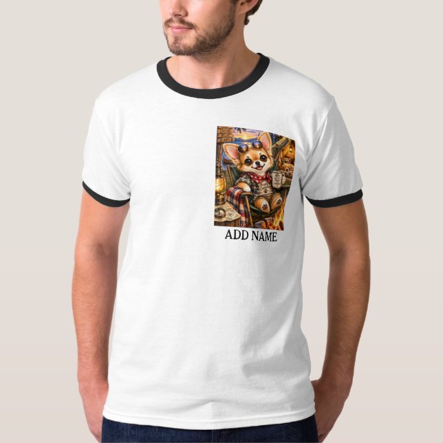 Camiseta Férias Chihuahua Acampando com cachorro, (Frente)
