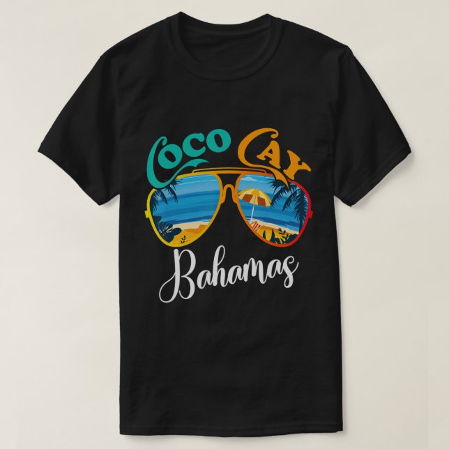 Camiseta Férias das Bahamas Coco Cay Óculos de sol Palmeira (Frente do Design)