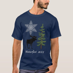 Camiseta Férias de Inverno Alce Floco de Neve Pinheiro