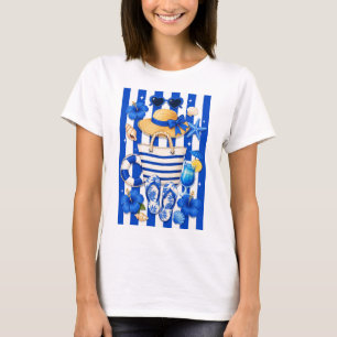 Camiseta Férias de Verão na Praia Azul e Branco