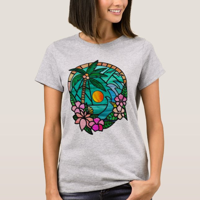 Camiseta Férias de verão praia oceânica no pôr do sol (Frente)