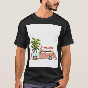 Camiseta Férias de Verão Vibrações da Praia Carro e Palmeir