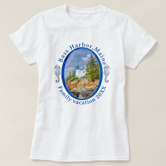 Camiseta Férias Familiares Bass Harbor Maine com Data (Frente do Design)