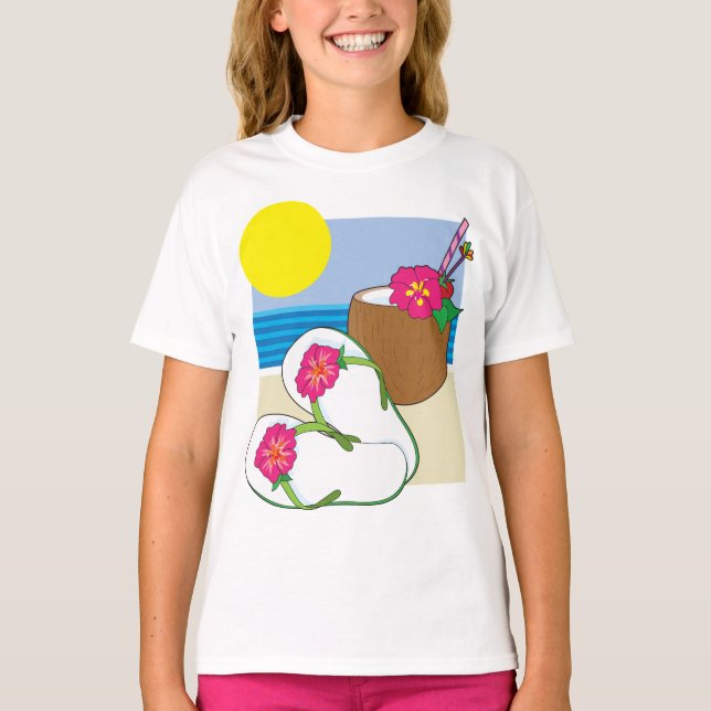 Camiseta Férias na Praia Tropical Flores de Coco Chinelos (Frente)