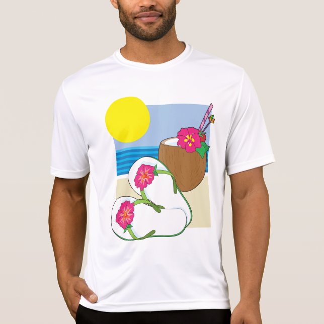Camiseta Férias na Praia Tropical Flores de Coco Chinelos (Frente)