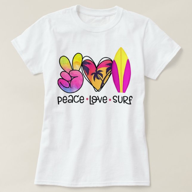 Camiseta Férias Retroativas do Surf de Verão Peace Love (Frente do Design)