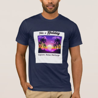 Camiseta Férias Tropicais Pôr do Sol – Explore Relax Rechar