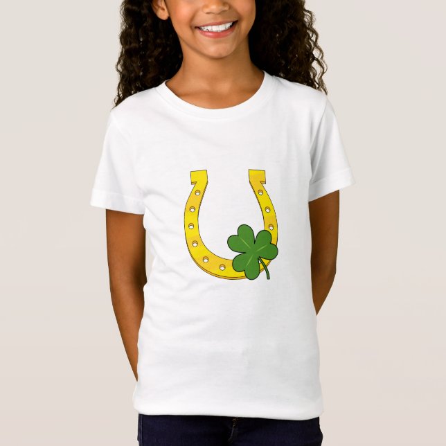 Camiseta Ferradura de Ouro Sortudo com Shamrock em Branco (Frente)