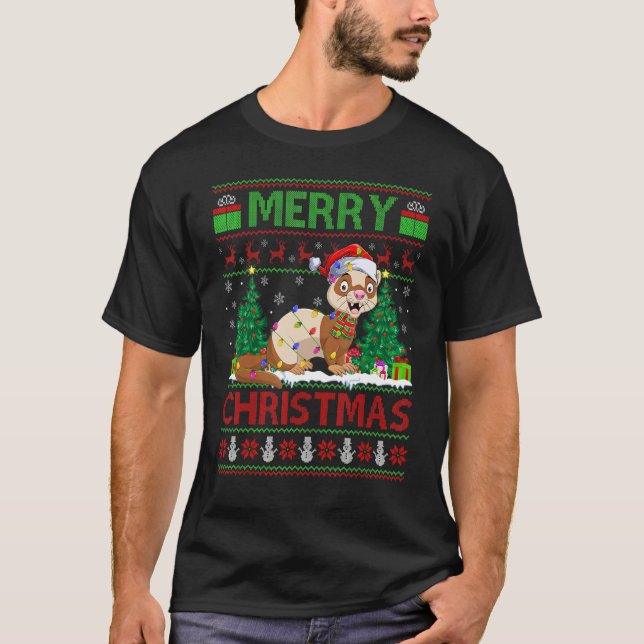Camiseta Ferret   Xmas Tree Lights Ugly Santa Ferret Christ (Frente)