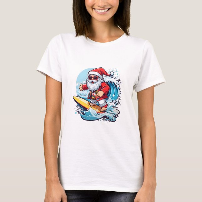 Camiseta Feset Santa Claus Surfando Ondas de Natal (Frente)
