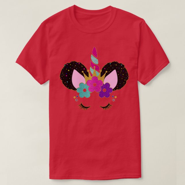 Camiseta Festa Aniversário Princesa Afro Puff Cara Unicorn  (Frente do Design)