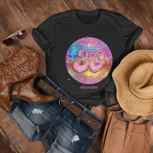 Camiseta Festa de 30 Anos Dourado Rosa Brilho Bola de Disco
