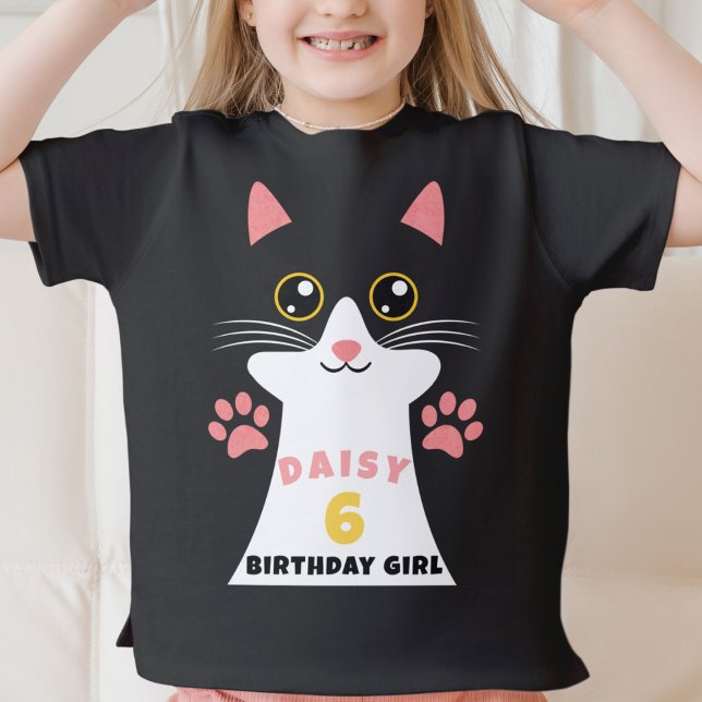 Camiseta Festa de aniversário de Gatinho Gatinho (Cute kitty cat birthday shirt with oversized cat face and custom name and age)