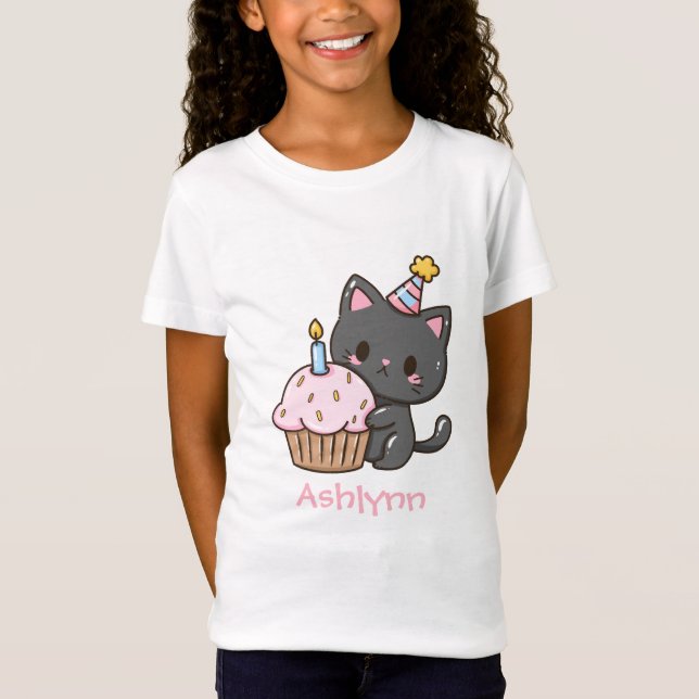 Camiseta Festa de aniversário de Gato Preto Kawaii Cute Per (Frente)