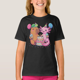 Camiseta Festa de Aniversário do Kawaii Capybara e Axolotl