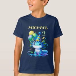 Camiseta Festa de aniversário do Menino Axolotl Azul e Verd