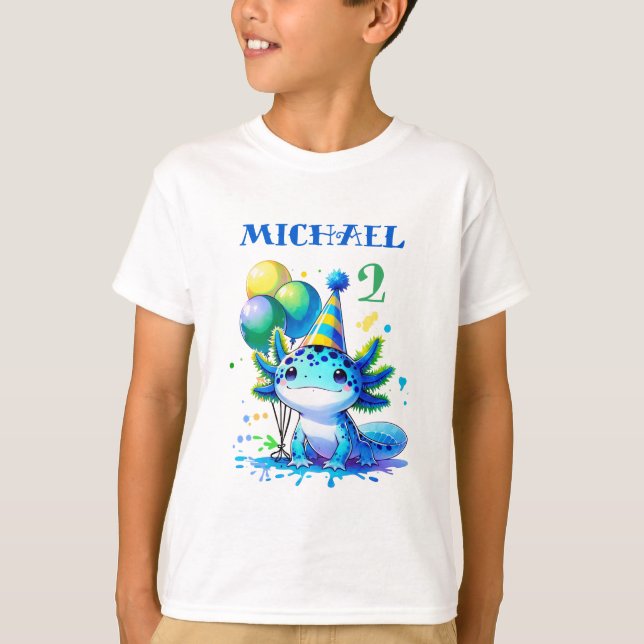 Camiseta Festa de aniversário do Menino Axolotl Azul e Verd (Frente)