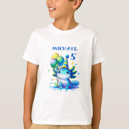 Camiseta Festa de aniversário do Menino Axolotl Azul e Verd