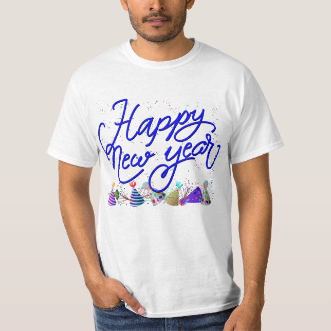 Camiseta Festa de Ano Novo do Feliz ano novo Azul (Frente)